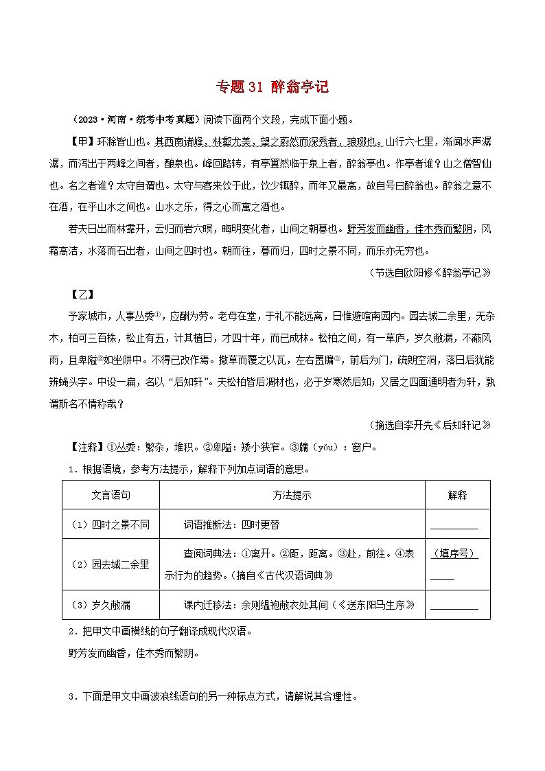 专题31 醉翁亭记（原卷版）－备战2024年中考语文之文言文对比阅读（全国通用）第1页