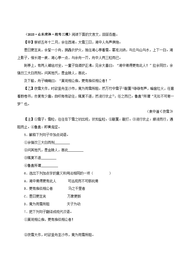 专题32 湖心亭看雪（原卷版）－备战2024年中考语文之文言文对比阅读（全国通用）第2页