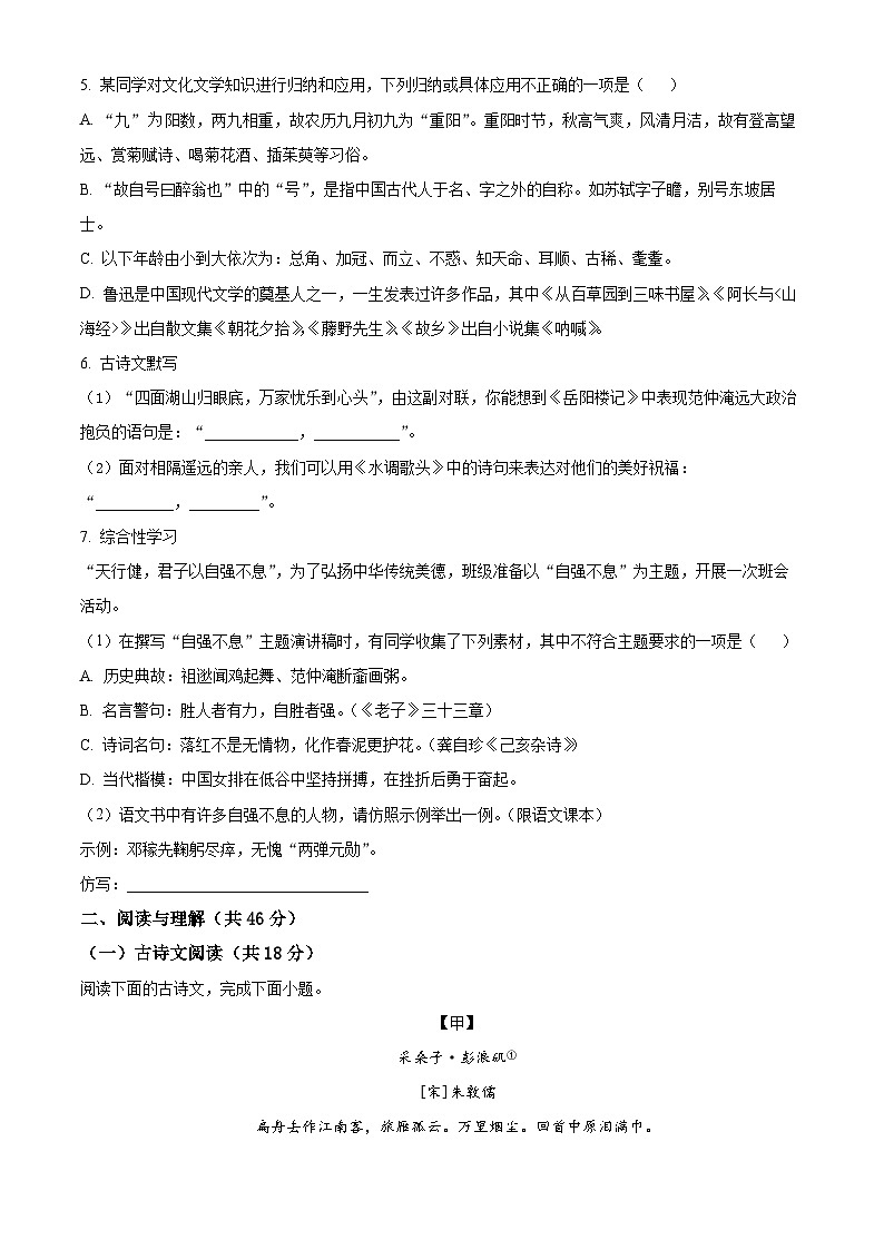 2023-2024学年湖南省长沙市开福区青竹湖湘一外国语学校九年级上学期第一次月考语文试题02