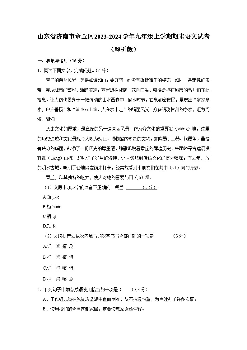 17，山东省济南市章丘区2023-2024学年九年级上学期期末语文试卷01