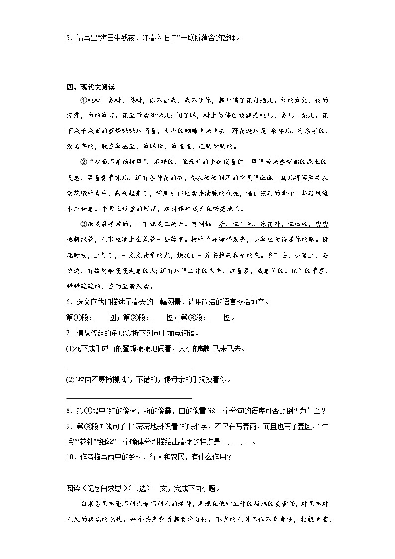 部编版语文七年级上册寒假综合复习（十一）试题第3页