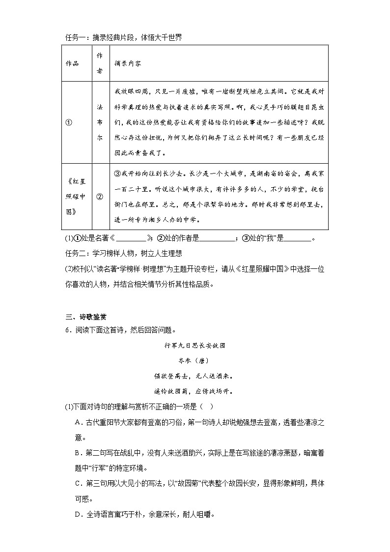 部编版语文七年级上册寒假综合复习（十二）试题02