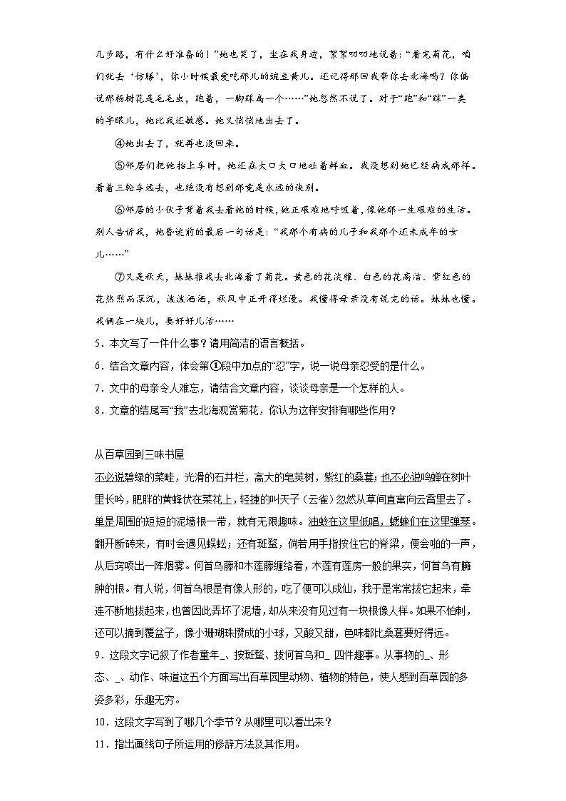 部编版语文七年级上册寒假综合复习（十九）试题03