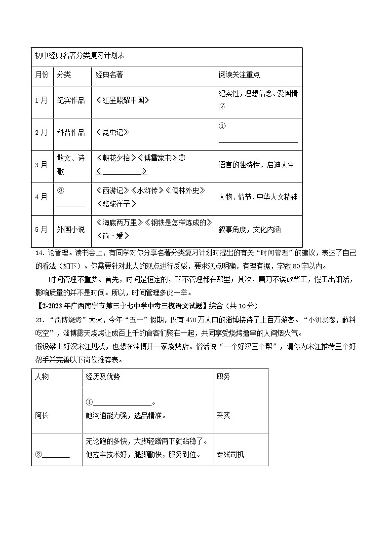 专题07 名著阅读与综合性学习-5年（2019-2023）中考1年模拟语文真题分项汇编（广西专用）02