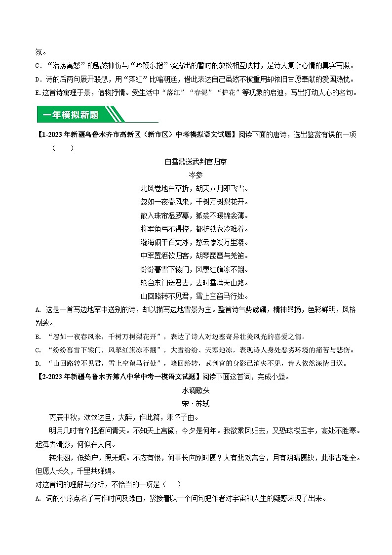 专题06 古诗词鉴赏-5年（2019-2023）中考1年模拟语文真题分项汇编（新疆专用）（原卷版）第3页