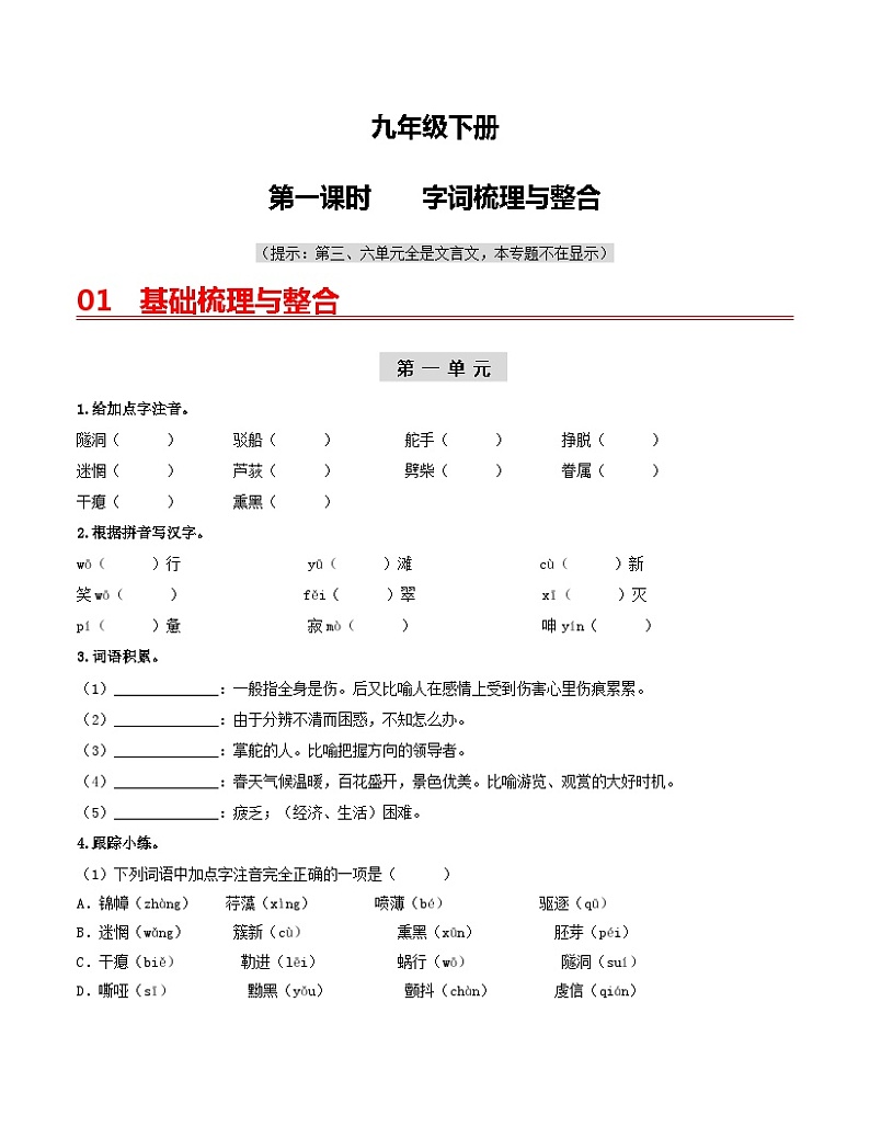 （九下）第一课时  字词梳理与整合-备战2024年中考语文一轮复习过教材讲义（统编版）第1页