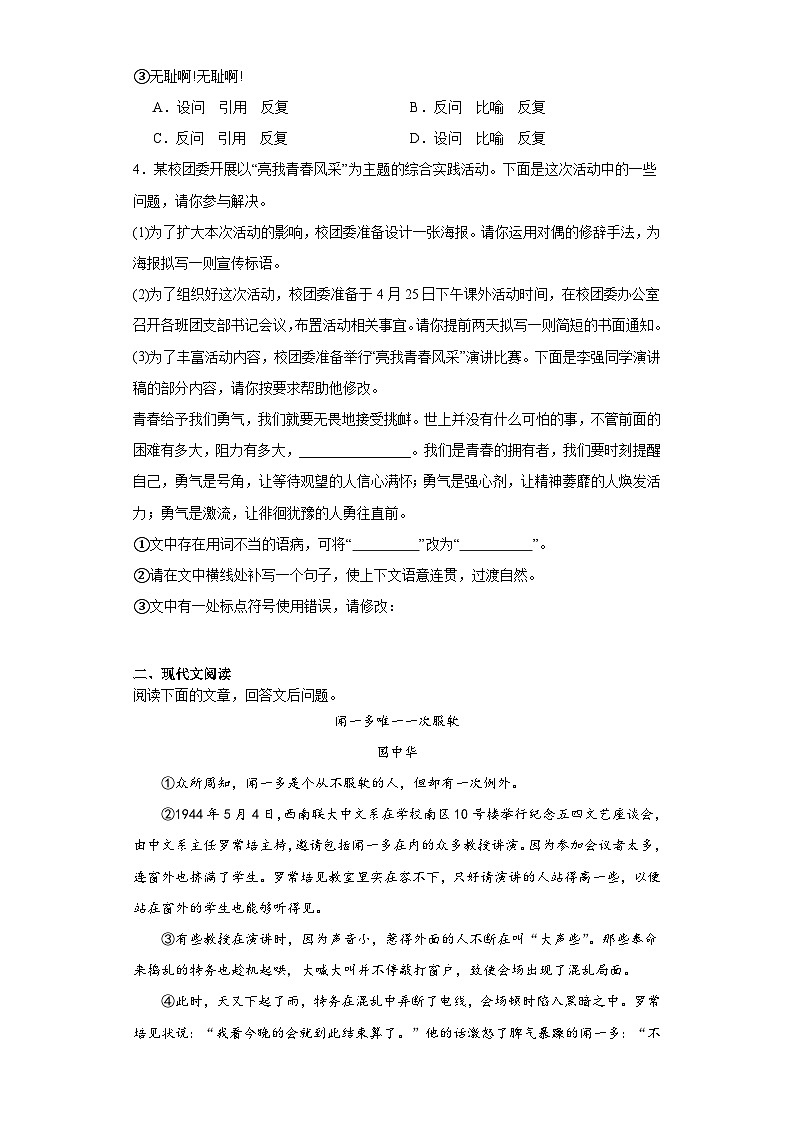 第13课最后一次讲演 2023-2024学年统编版语文八年级下册寒假预习作业02