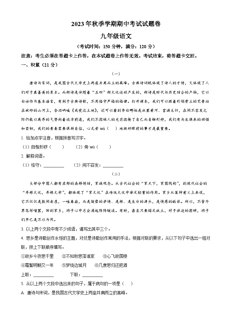 广西壮族自治区河池市宜州区2023-2024学年九年级上学期期中语文试题01
