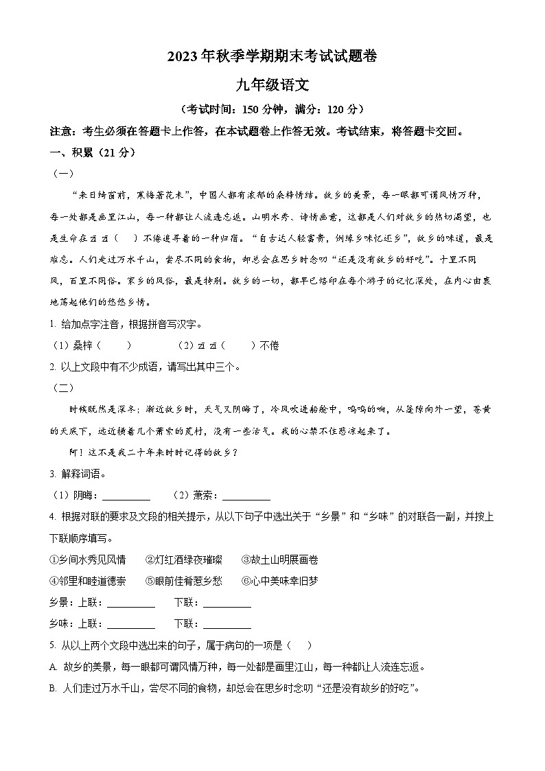 广西壮族自治区河池宜州区2023-2024学年九年级上学期期末语文试题01