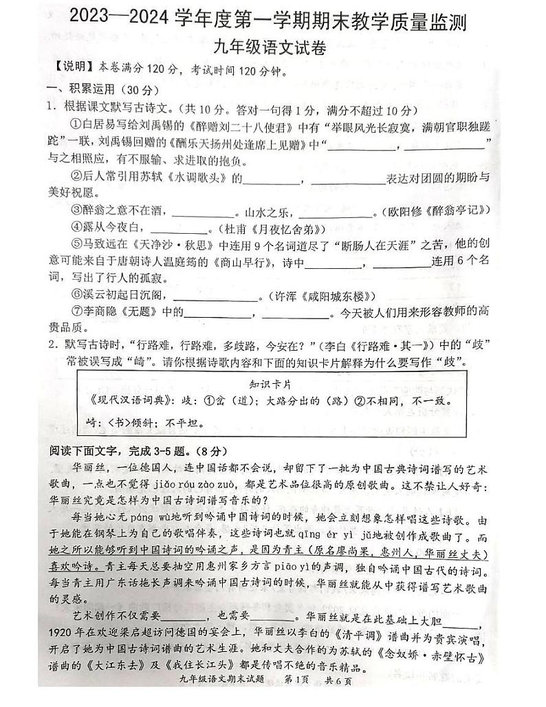 广东省惠州市惠阳区2023-2024学年九年级上学期期末教学质量监测语文试卷+01