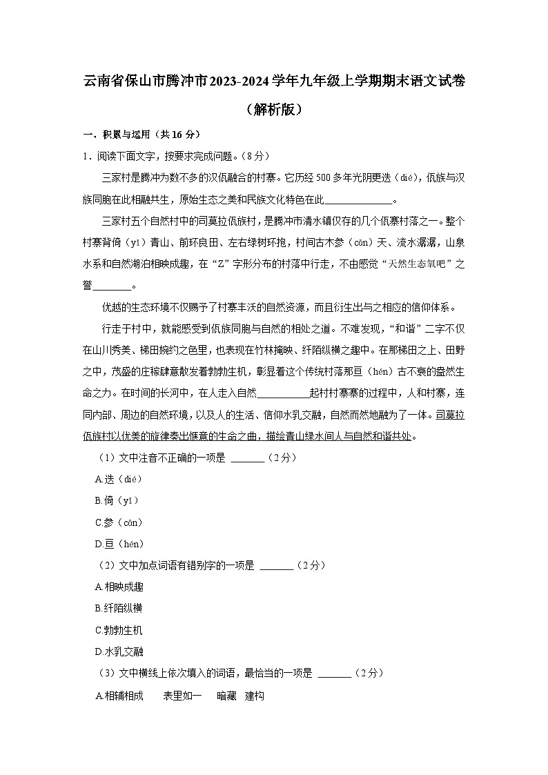 云南省保山市腾冲市2023-2024学年九年级上学期期末语文试卷01