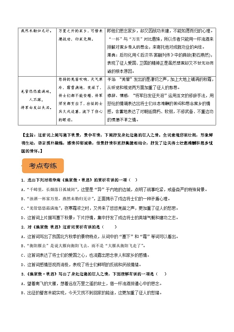 九下《渔家傲·秋思》选择题专练-冲刺2024年中考语文古代诗歌课内篇目常考题型专练（统编版六册）（原卷版）第2页