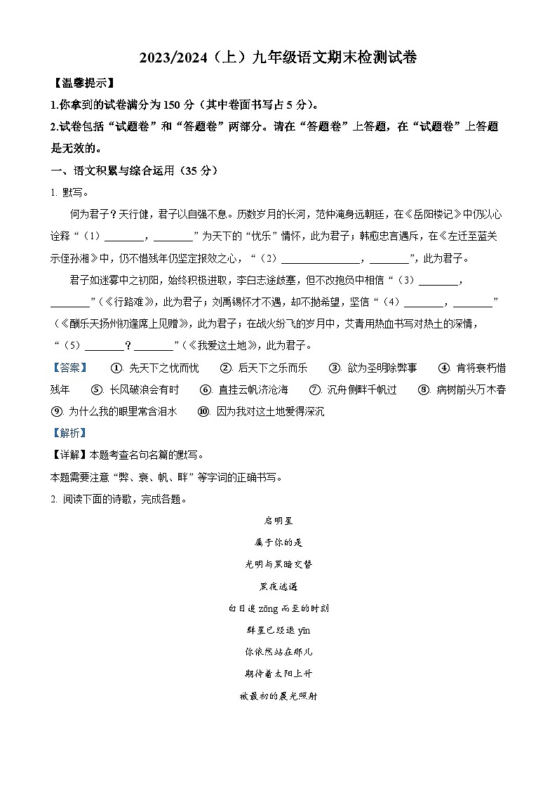 08，安徽省阜阳市临泉县2023-2024学年九年级上学期期末语文试题01