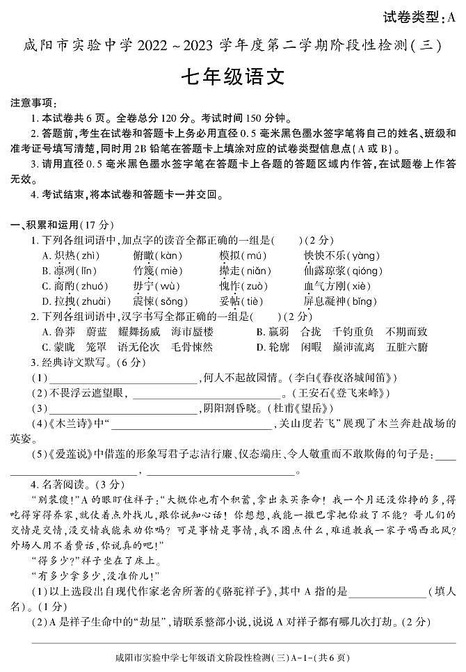 陕西省咸阳市实验中学2022-2023学年七年级下学期阶段性检测（三）语文试题第1页