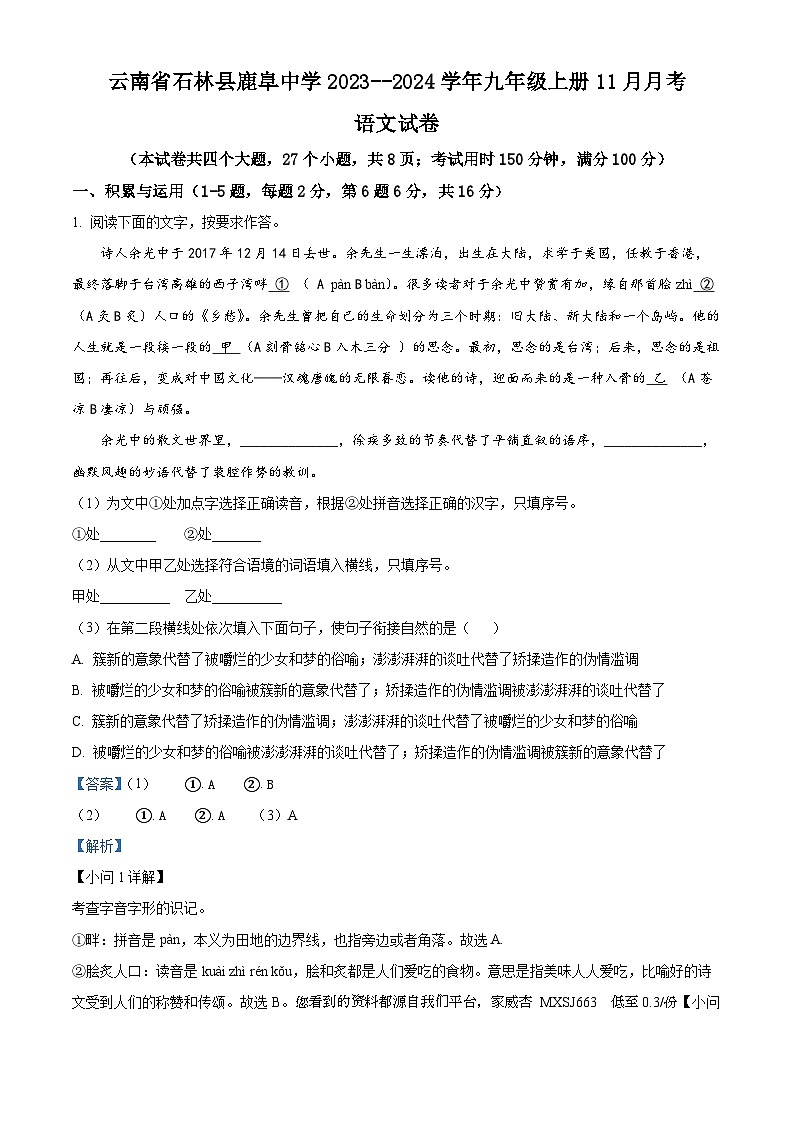 36，云南省石林彝族自治县鹿阜中学2023-2024学年九年级上学期11月月考语文试卷01