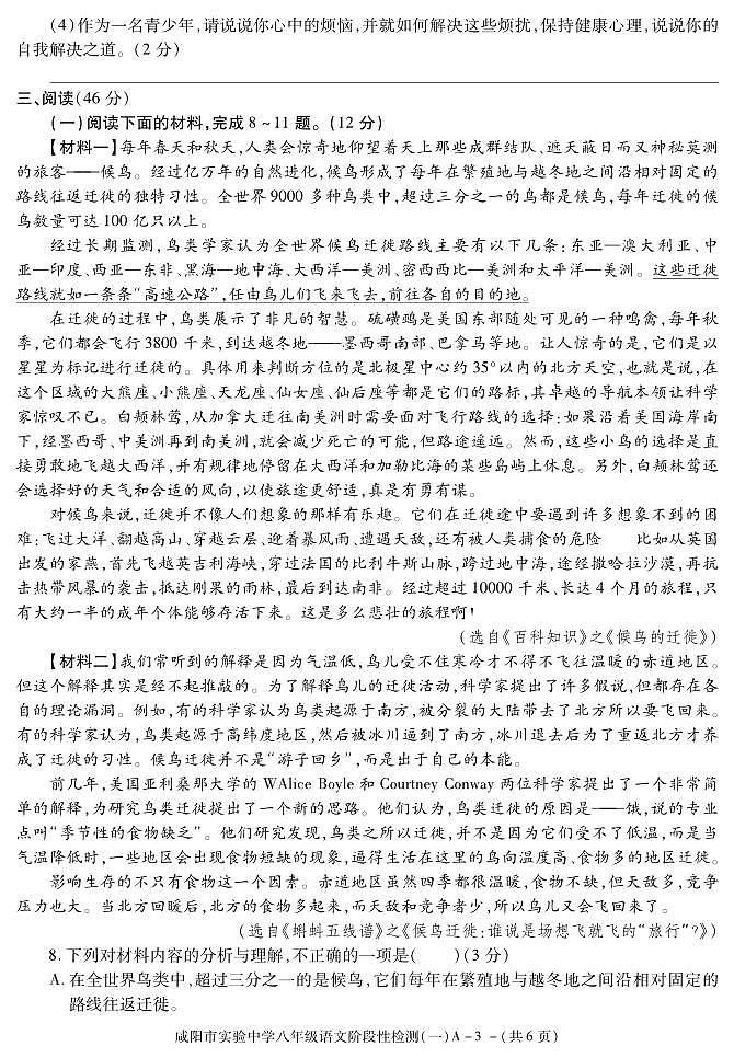 陕西省咸阳市实验中学2021-2022学年八年级下学期阶段性检测（一）语文试题第3页