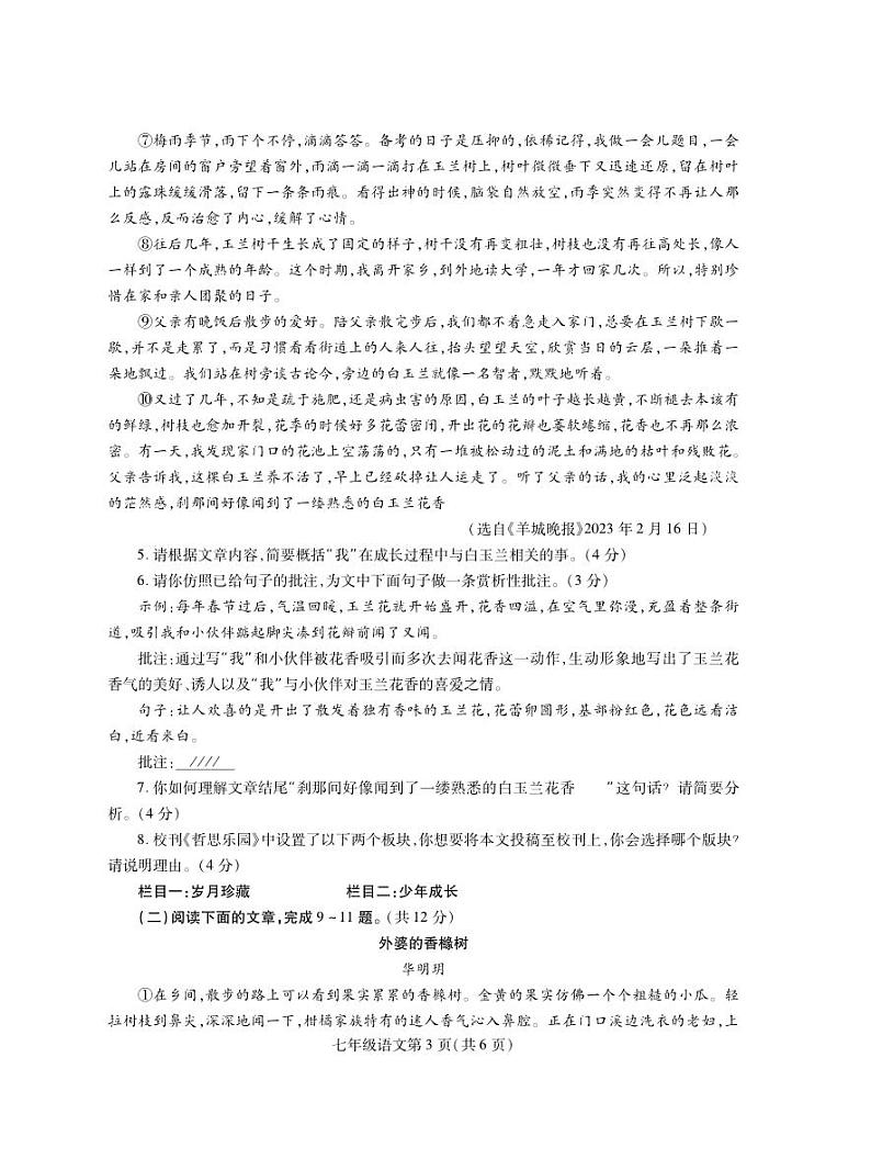 河南省平顶山市郏县2023-2024学年七年级上学期期中学情检测语文试题03