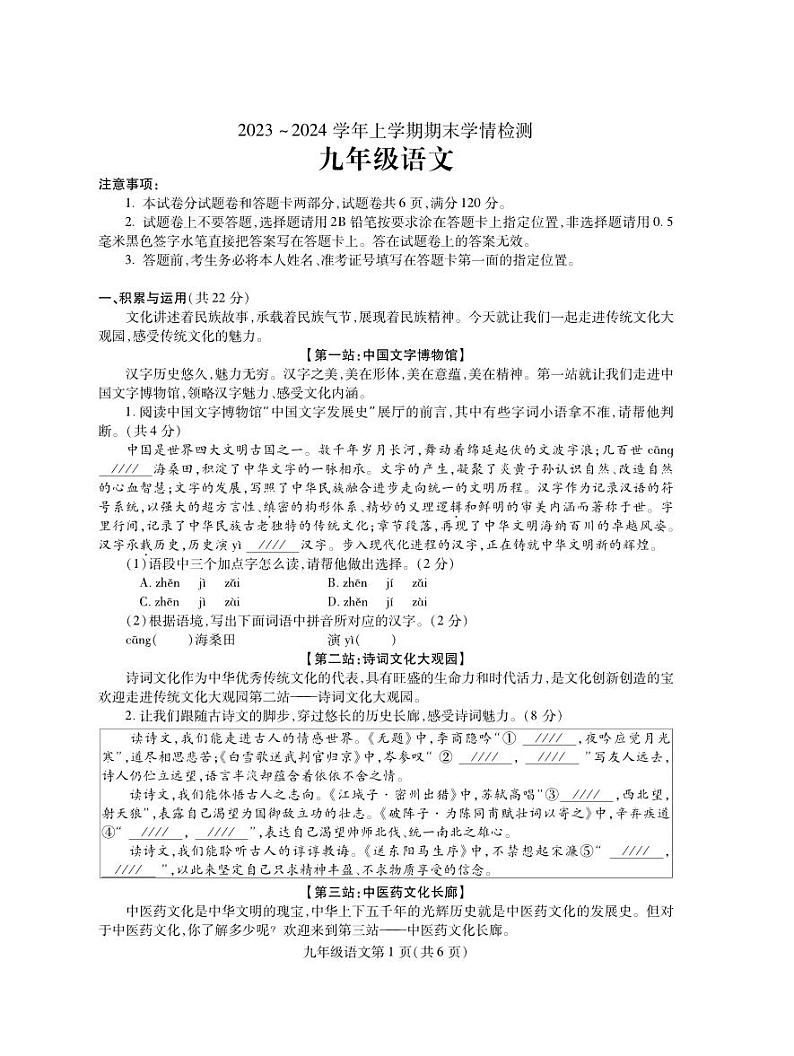 河南省平顶山市郏县2023-2024学年九年级上学期期末学情检测语文试题01