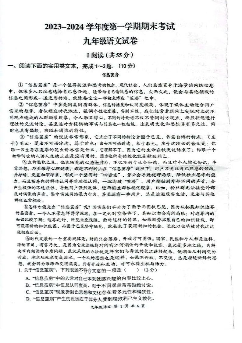 湖北省武汉市东湖高新区2023-2024学年九年级上学期期末考试语文试卷01