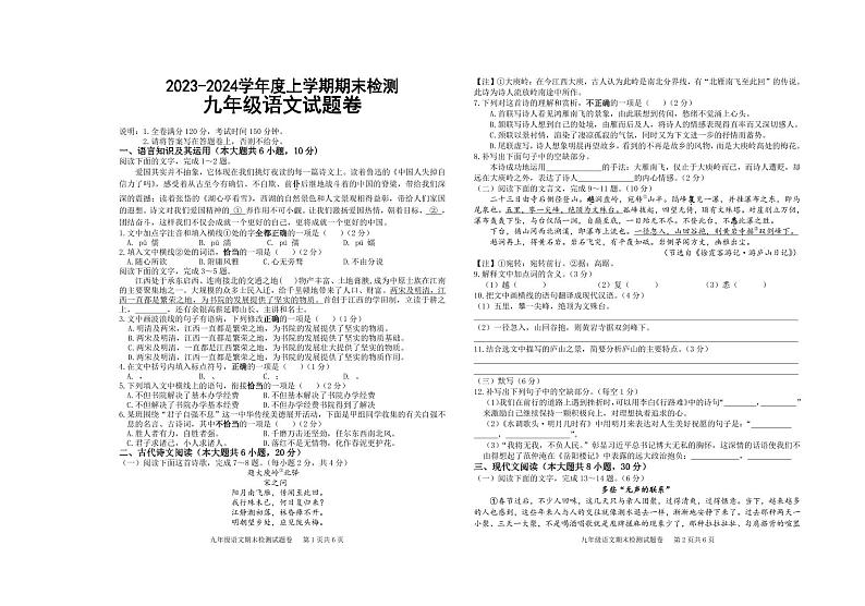 江西省赣州市大余县2023-2024学年九年级上学期期末检测语文试卷01