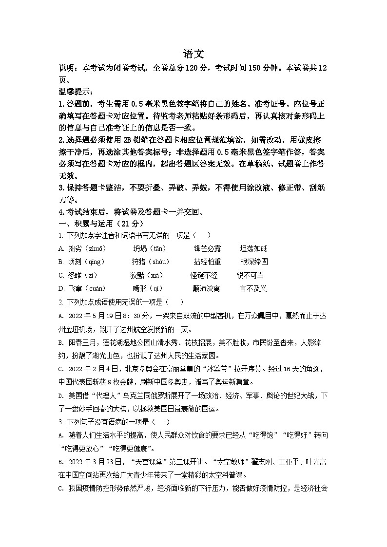 精品解析：2022年四川省达州市中考语文真题（原卷版）01