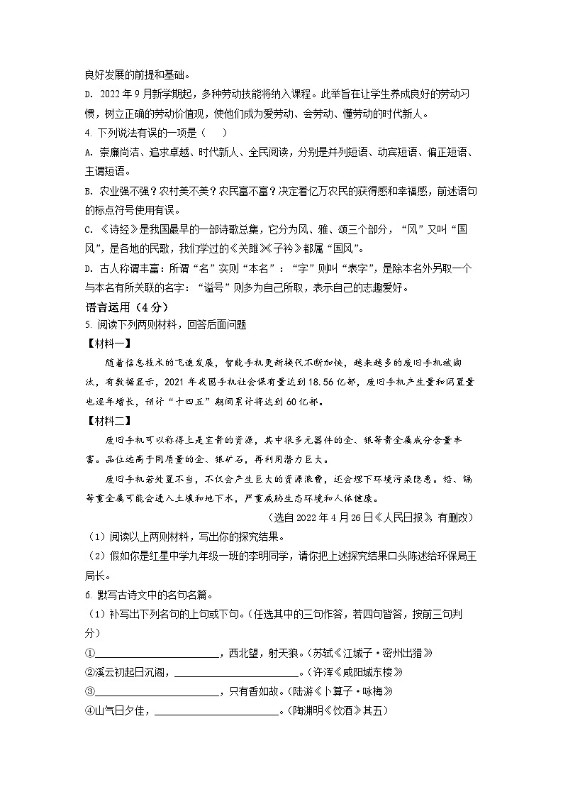 精品解析：2022年四川省达州市中考语文真题（原卷版）02