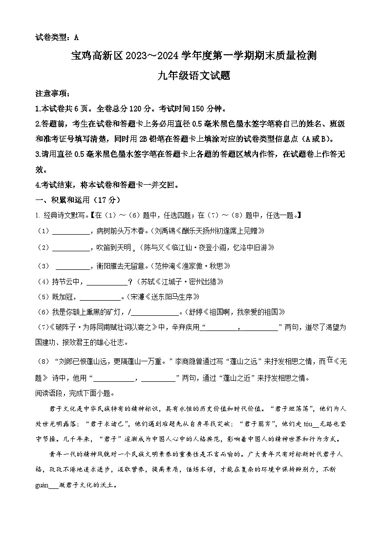 陕西省宝鸡市高新区2023-2024学年九年级上学期期末语文试题01
