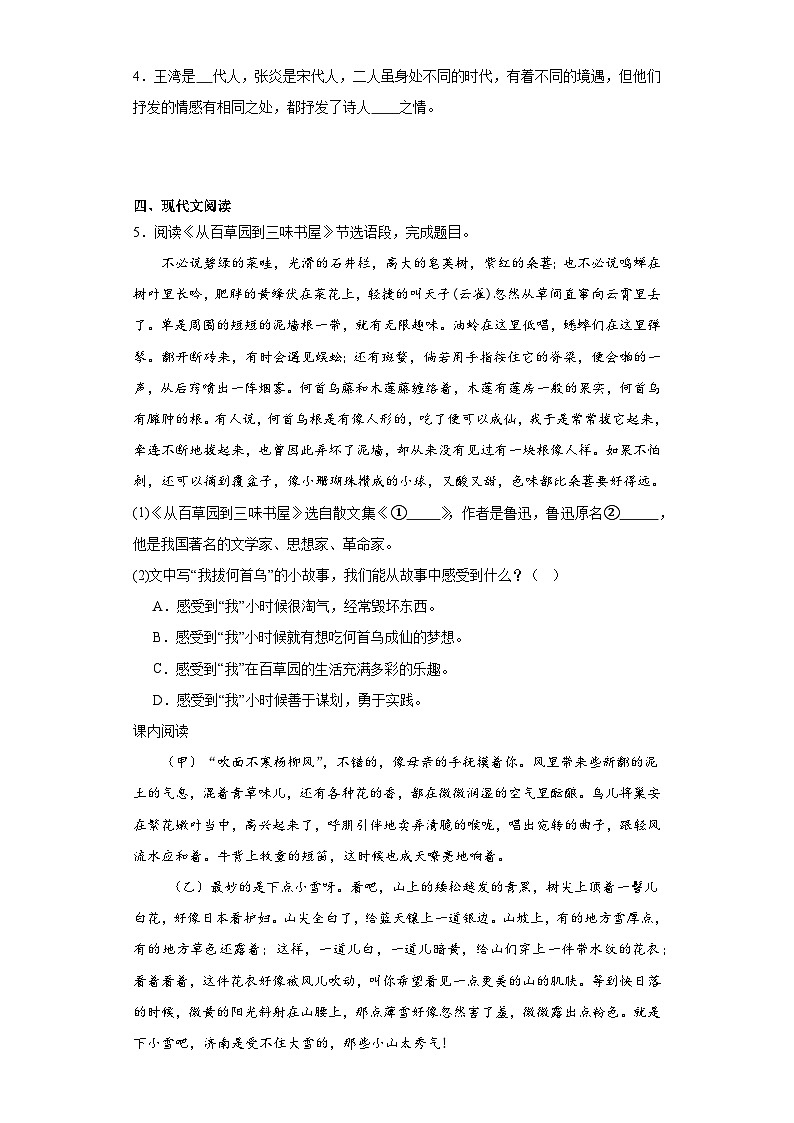 2024年中考语文七年级上册一轮复习试题（九）第3页