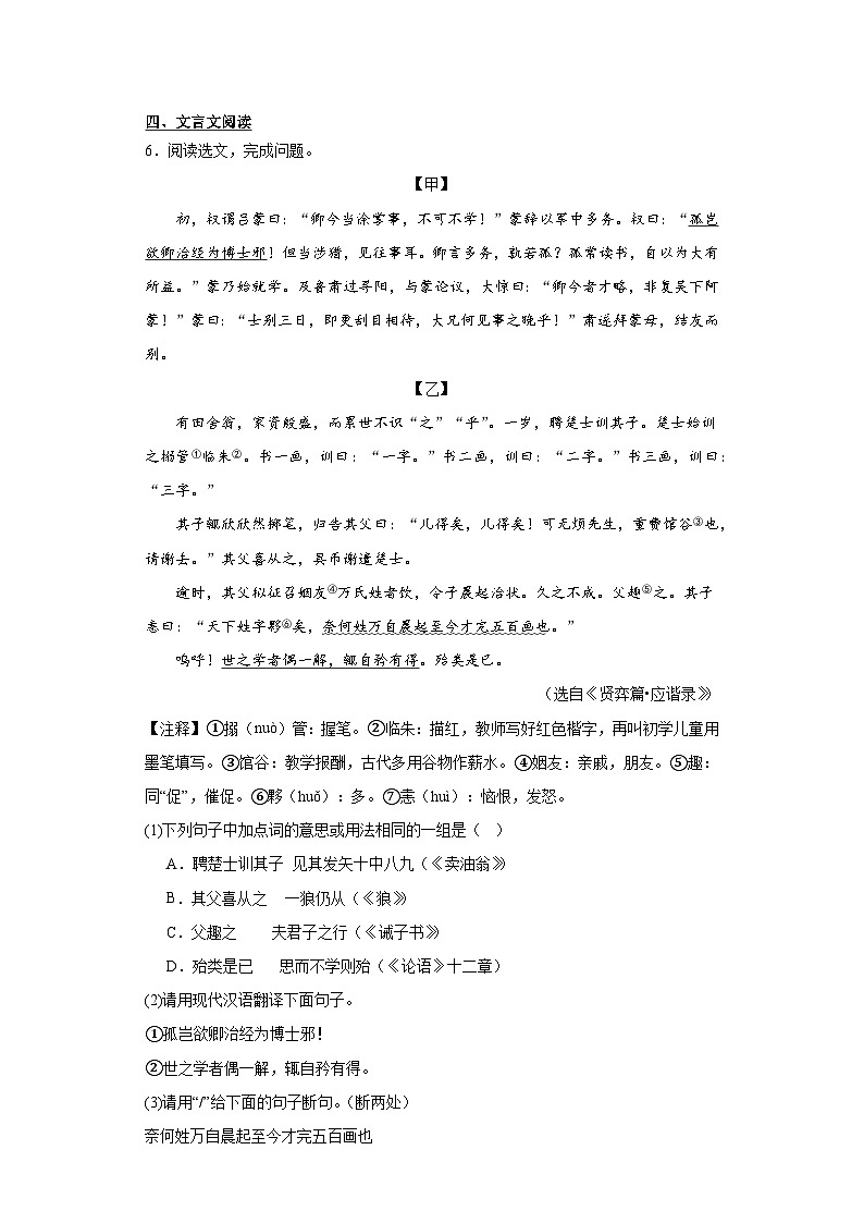 2024年中考语文七年级下册一轮复习试题（三）第2页