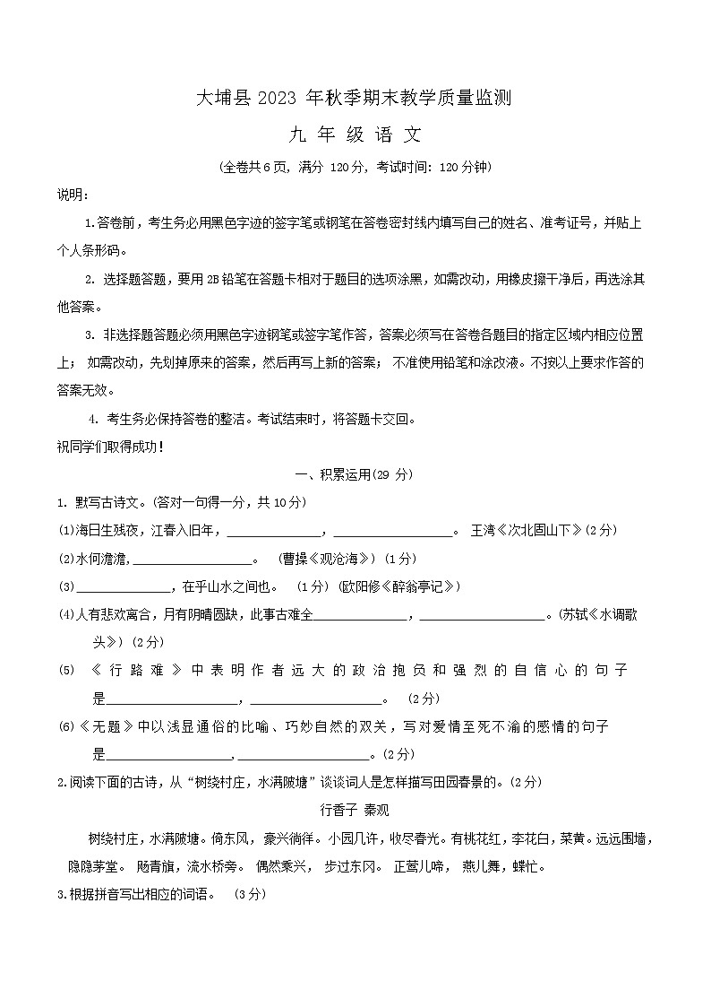 广东省梅州市大埔县2023-2024学年九年级上学期期末语文试题（无答案）01