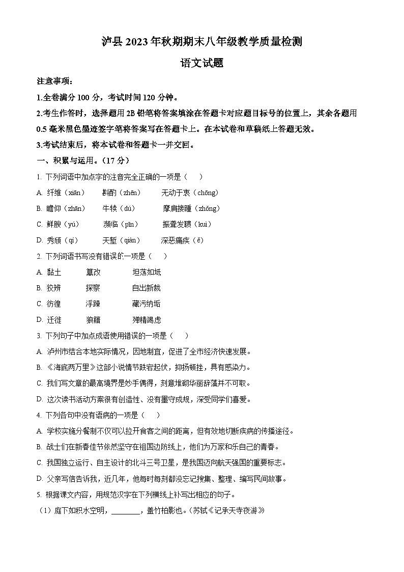 四川省泸州市泸县2023-2024学年八年级上学期期末语文试题（原卷+解析）01