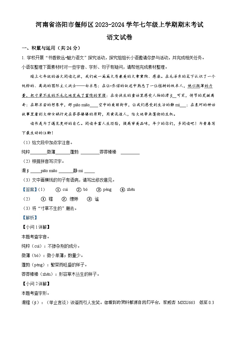 40，河南省洛阳市偃师区2023-2024学年七年级上学期期末语文试题01