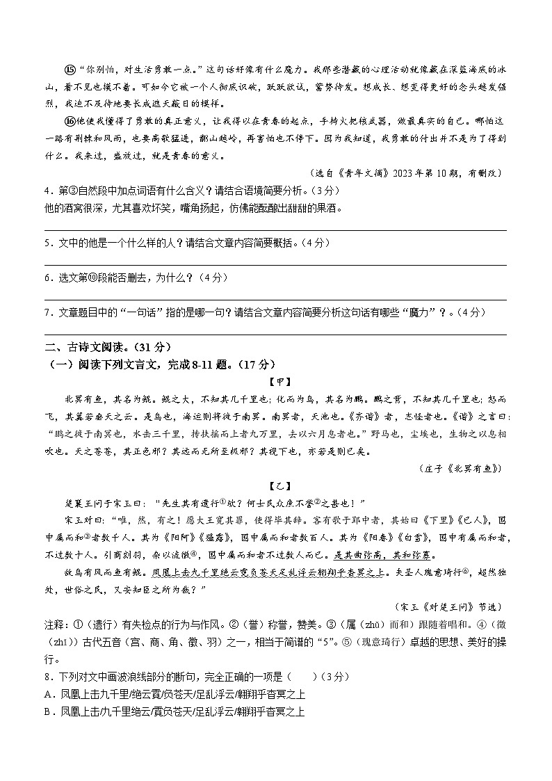 54，四川省泸州市龙马潭区2023-2024学年九年级上学期期末语文试题第3页