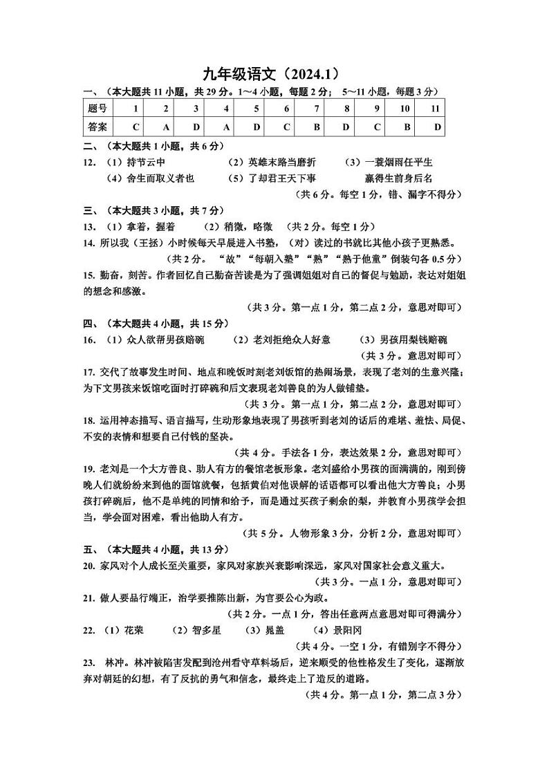 78，天津市红桥区2023-2024学年九年级上学期期末考试语文试题(1)01