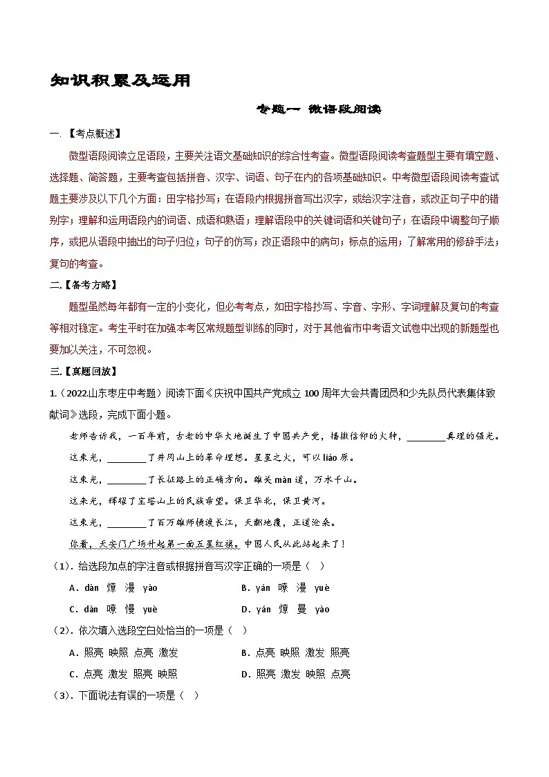 专题01  微语段阅读-备战2023年中考语文黄金知识板块高效复习训练营（原卷版）第1页