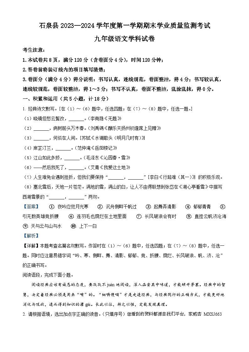 07，陕西省安康市石泉县2023-2024学年九年级上学期期末语文试题第1页