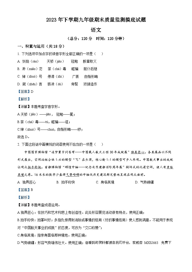 08，湖南省娄底市新化县2023-2024学年九年级上学期期末语文试题第1页