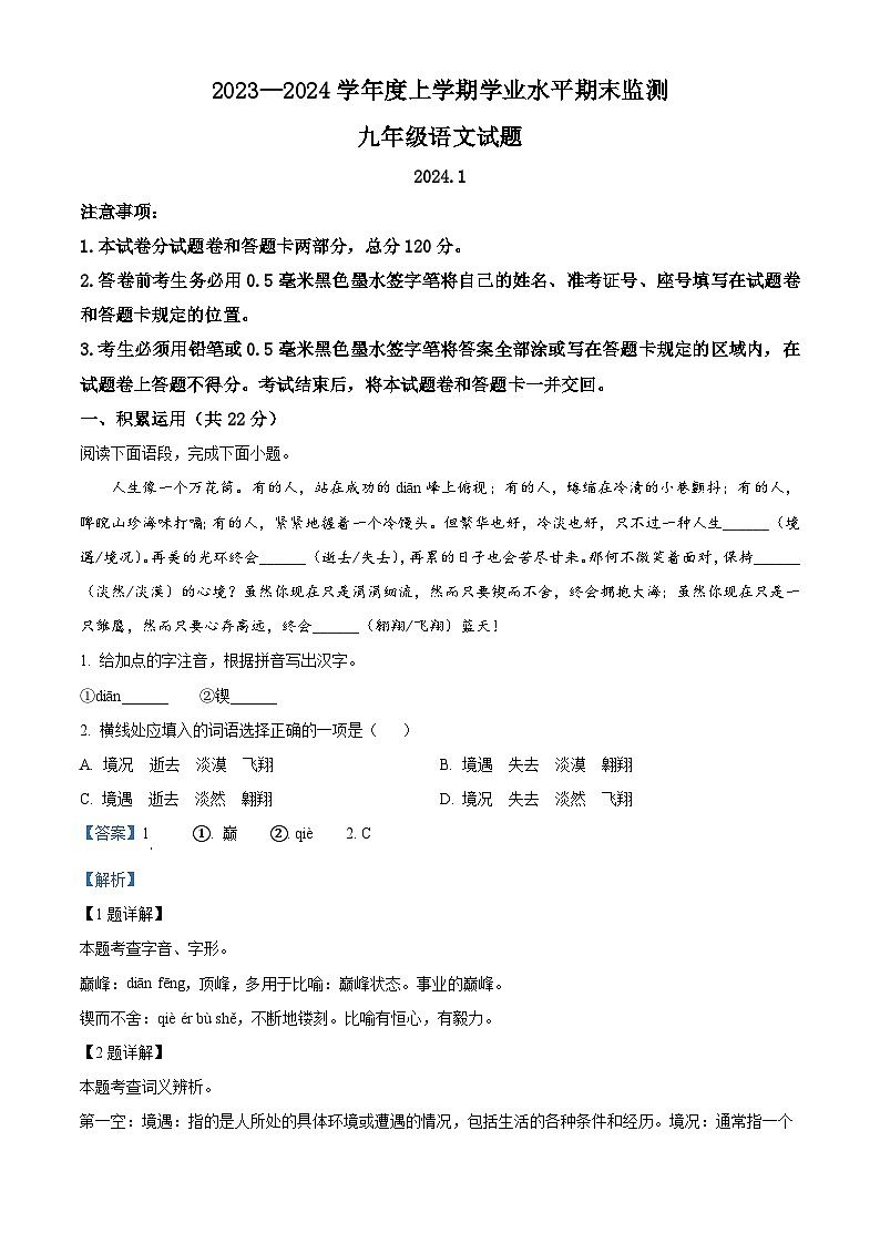 10，山东省临沂市费县2023-2024学年九年级上学期期末语文试题第1页