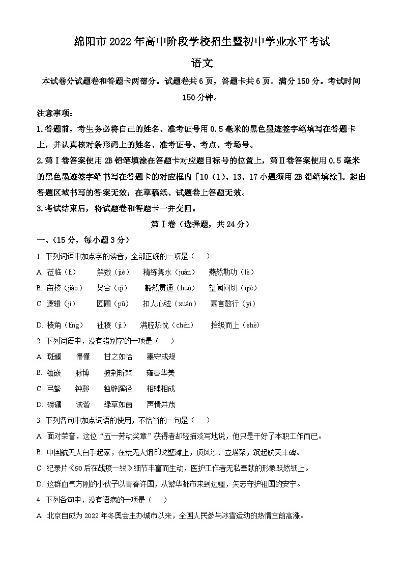 精品解析：2022年四川省绵阳市中考语文真题（原卷版）01
