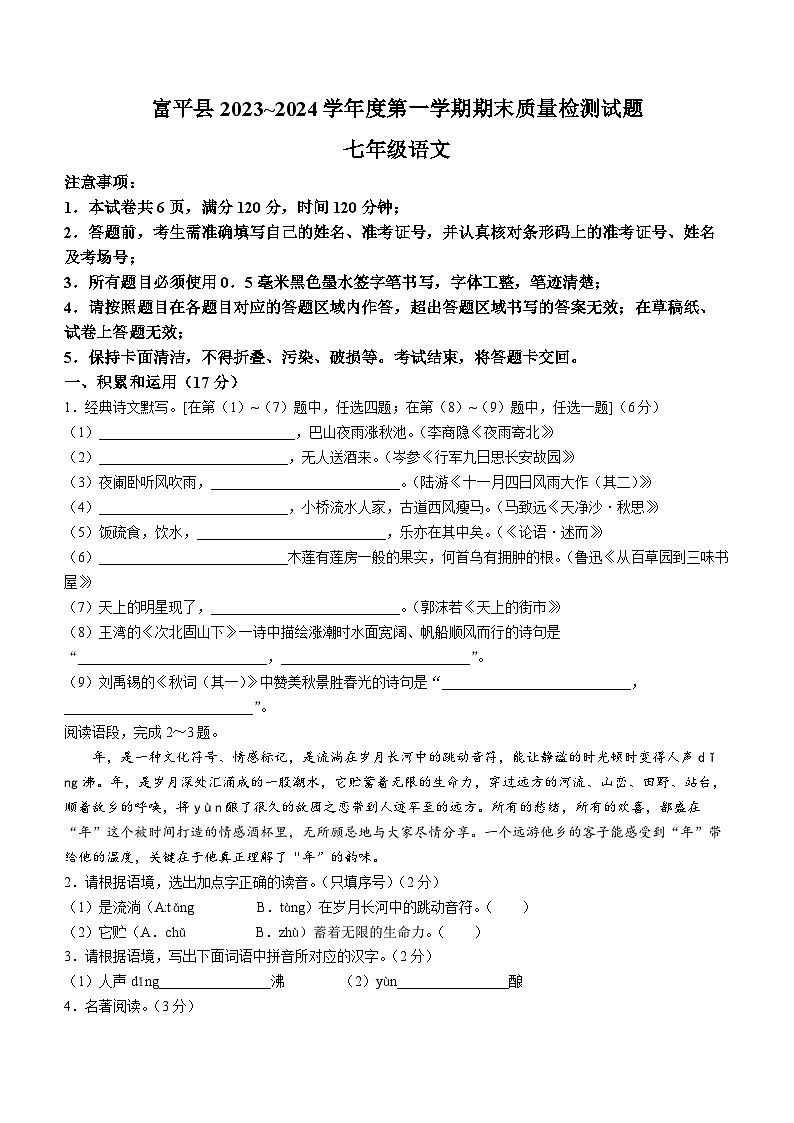 陕西省渭南市富平县2023-2024学年七年级上学期期末语文试题01