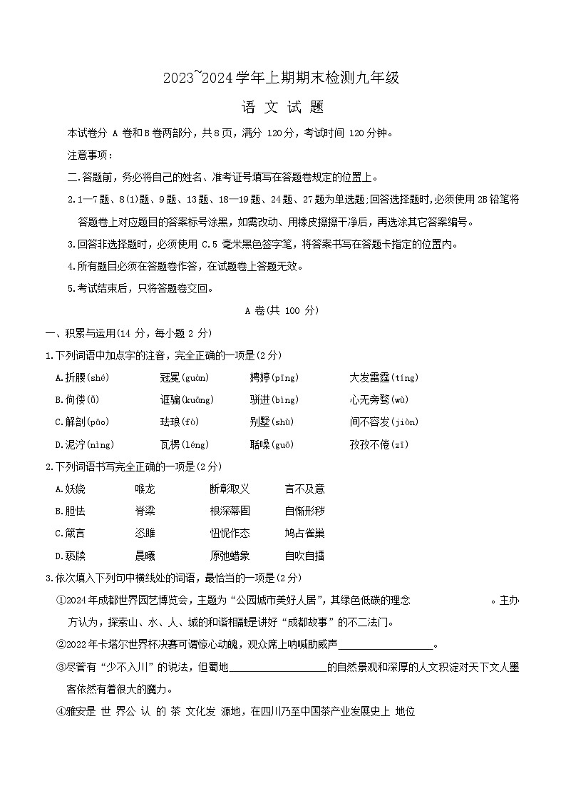 四川省雅安市2023-2024学年九年级上学期期末考试语文试题（含答案）第1页
