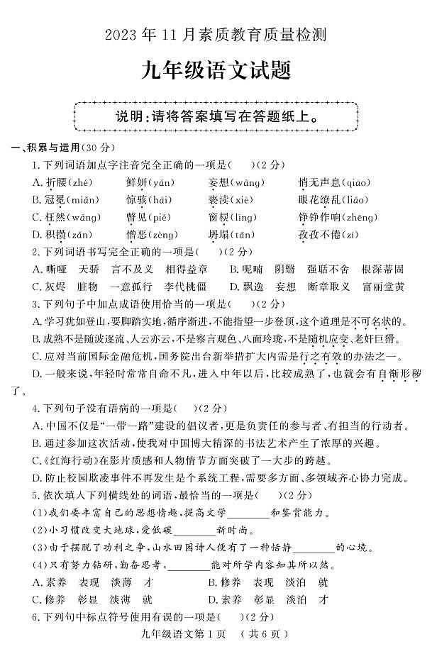 山东省菏泽市曹县2023-2024学年九年级上学期期中考试语文试题(1)01