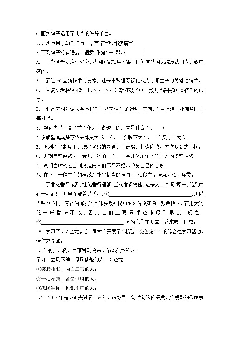 部编版语文九年级下册课时训练-6.变色龙（含答案）第2页