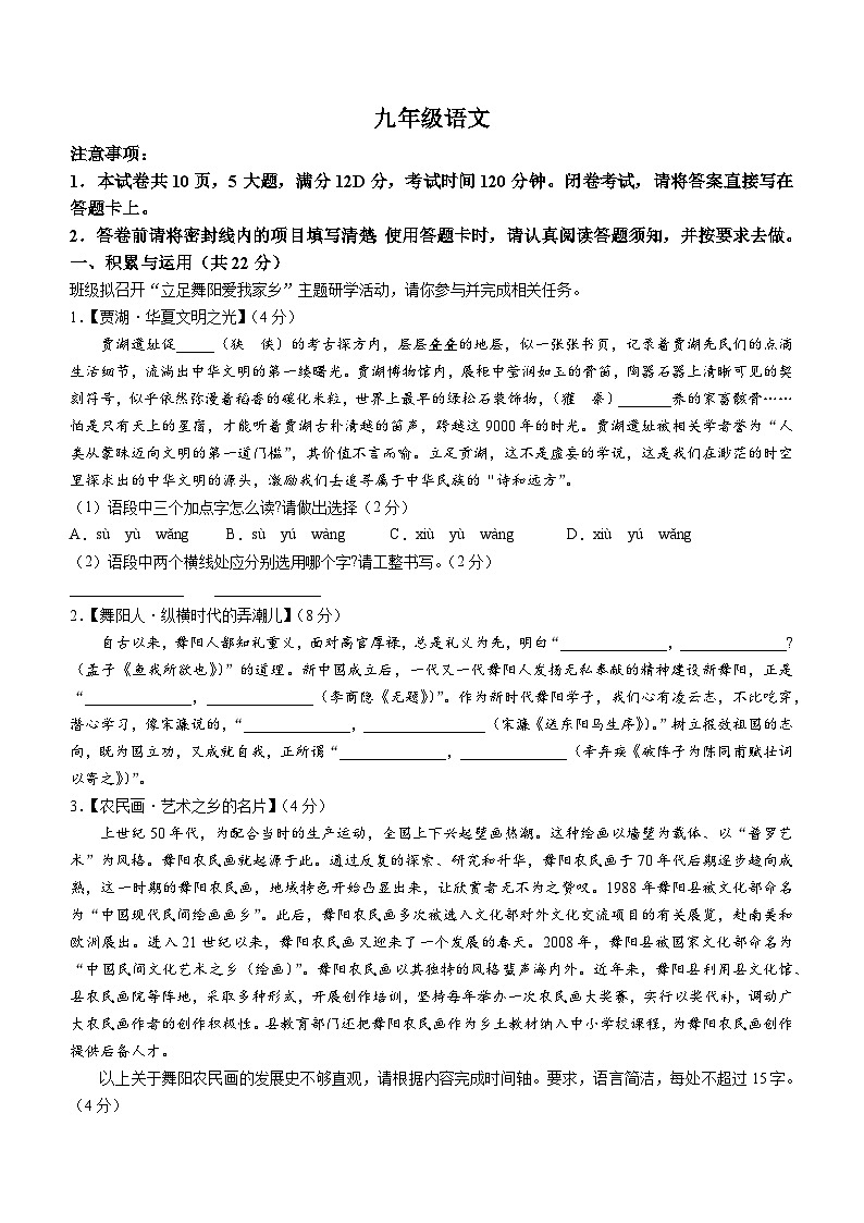 河南省漯河市舞阳县2023-2024学年九年级上学期期末语文试题第1页