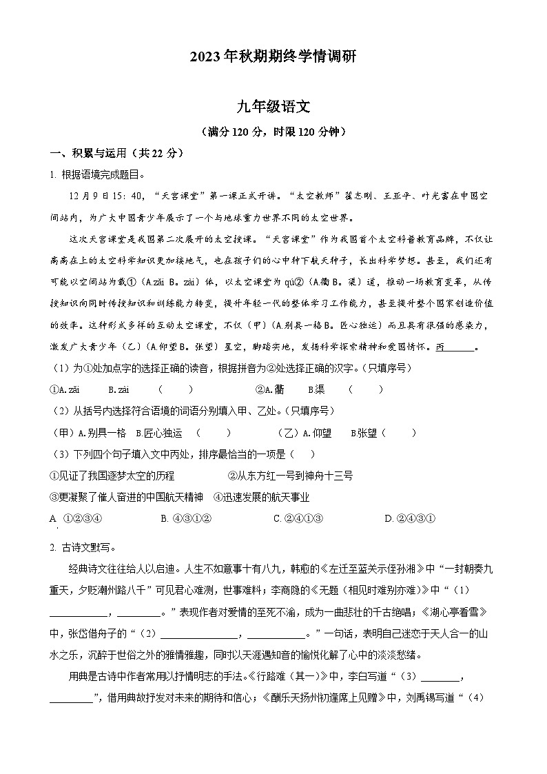 精品解析：河南省南阳市桐柏县2023-2024学年九年级上学期期末语文试题（原卷版）第1页