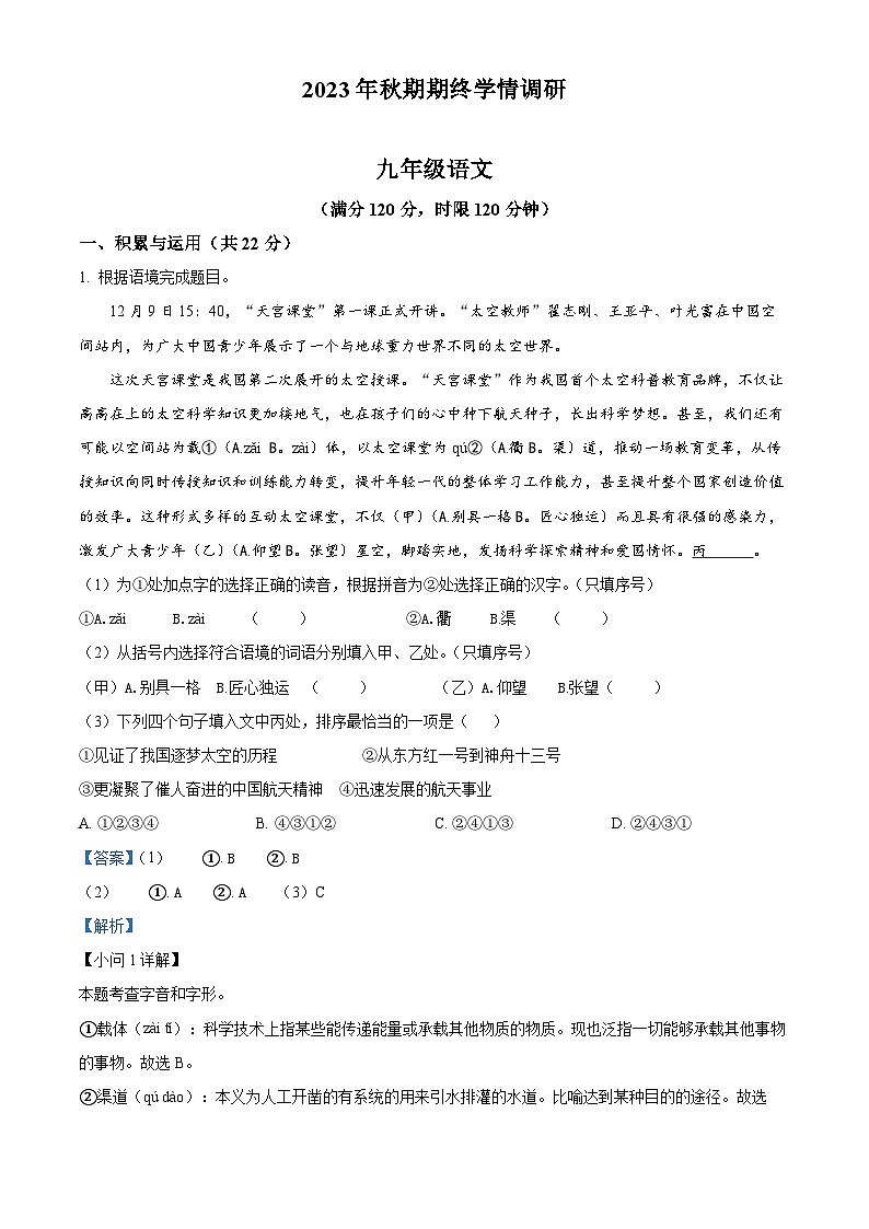 精品解析：河南省南阳市桐柏县2023-2024学年九年级上学期期末语文试题（解析版）第1页
