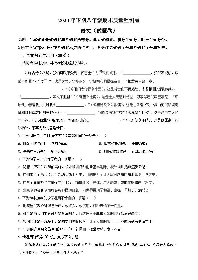 湖南省怀化市溆浦县2023-2024学年八年级上学期期末语文试题（原卷+解析）01