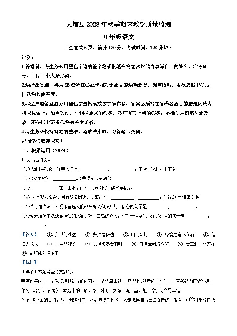 45，广东省梅州市大埔县2023-2024学年九年级上学期期末语文试题01