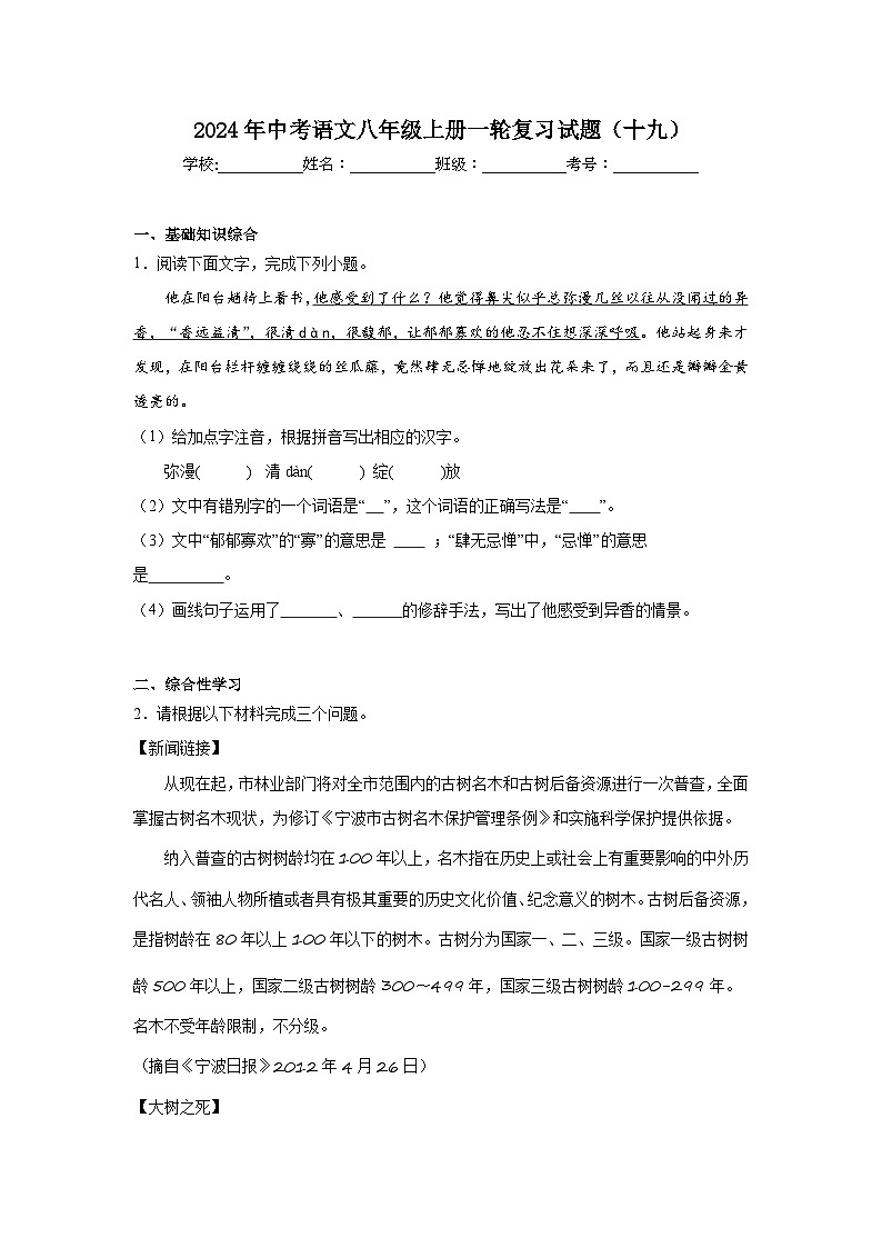 2024年中考语文八年级上册一轮复习试题（十九）第1页