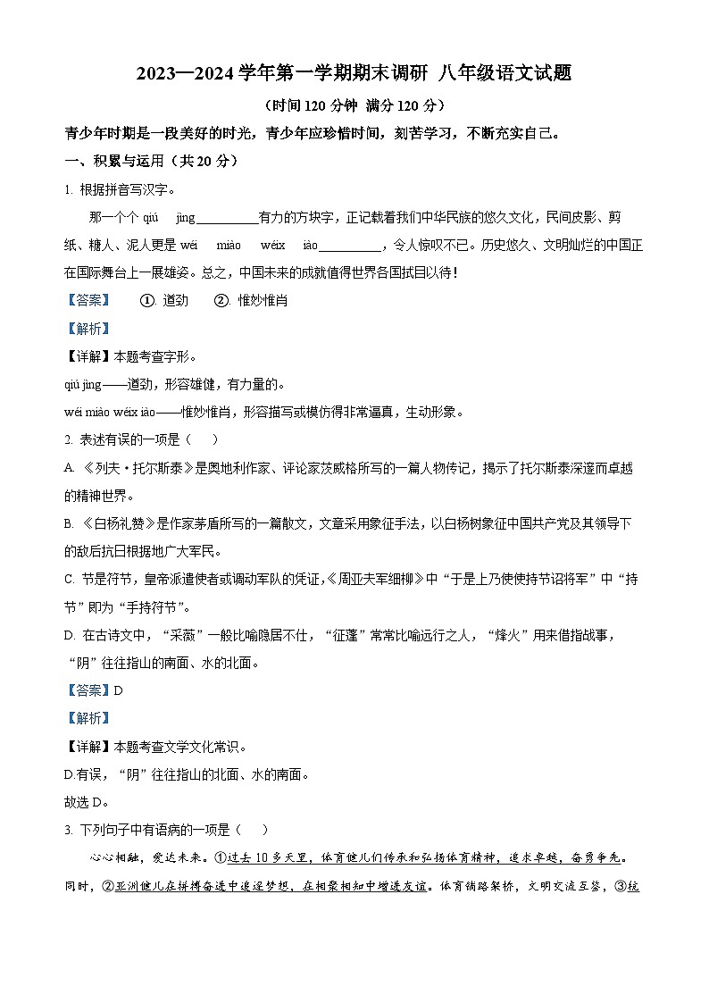 山东省聊城市东阿县2023-2024学年八年级上学期期末语文试题（原卷+解析）01